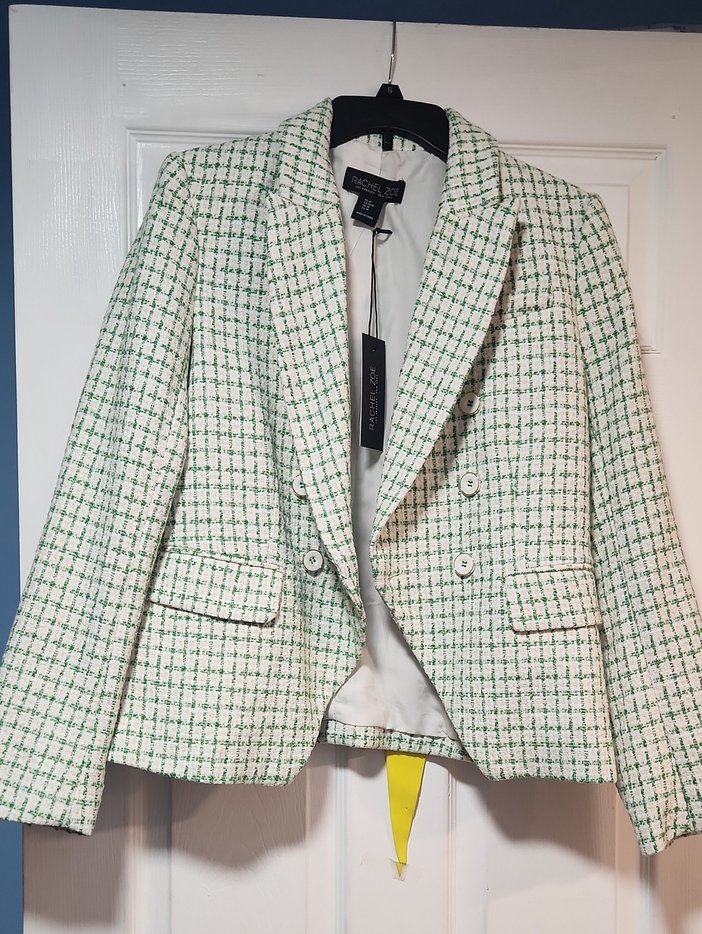 Rachel Zoe White and Green Tweed Double-Breasted Blazer
